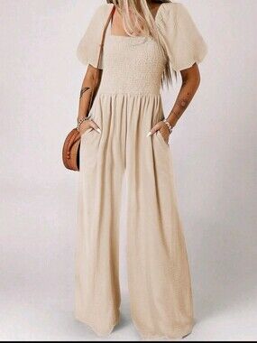 Pink Wide-Leg Jumpsuit with Smocked Bodice